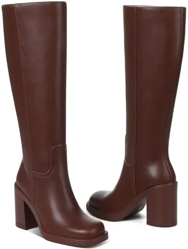 cynllio brown knee high boots for women tall platform gogo boot heeled leather botas w 354 chunky heel square toe side zipper size 7