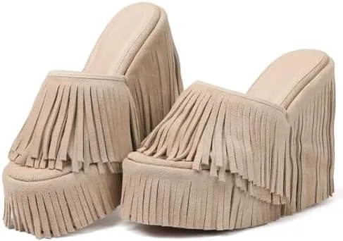 cynllio fringe platform sandals women dressy wedge heels summer boho shoes slip on open toe slides tassels beach slippers apricot size 8