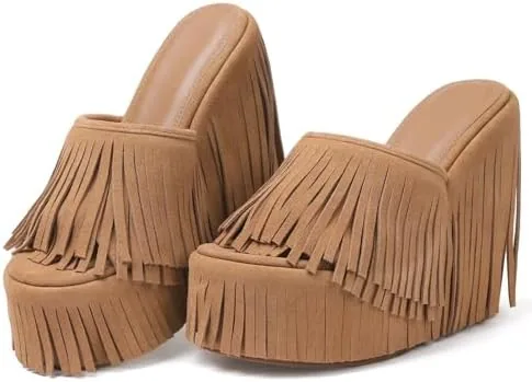 cynllio fringe platform sandals women dressy wedge heels summer boho shoes slip on open toe slides tassels beach slippers brown size 9