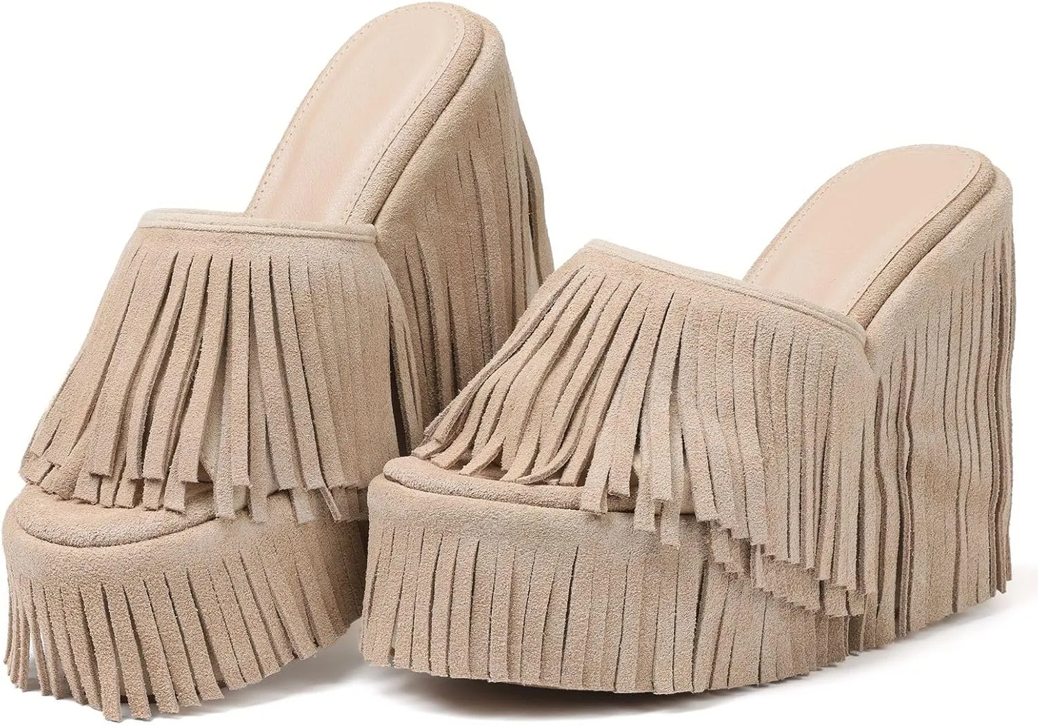 cynllio fringe platform sandals women dressy wedge heels summer boho shoes slip on open toe slides tassels beach slippers