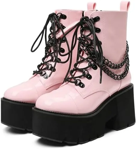 cynllio pink platform boots for women combat ankle boots rave goth chunky wedge heel booties punk chain lace up zipper shoes for festival concert cosplay party size 75